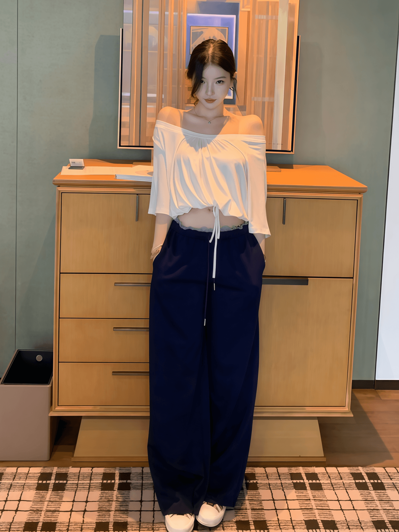 한국 스타일 순수한 욕망 비스듬한 어깨 오프숄더 펌프 로프 반팔 세트 여성 여름 2026 작은 대중 디자인 센스 슬림해 보이는 다용도 착용 가져 가라. 이미지 4