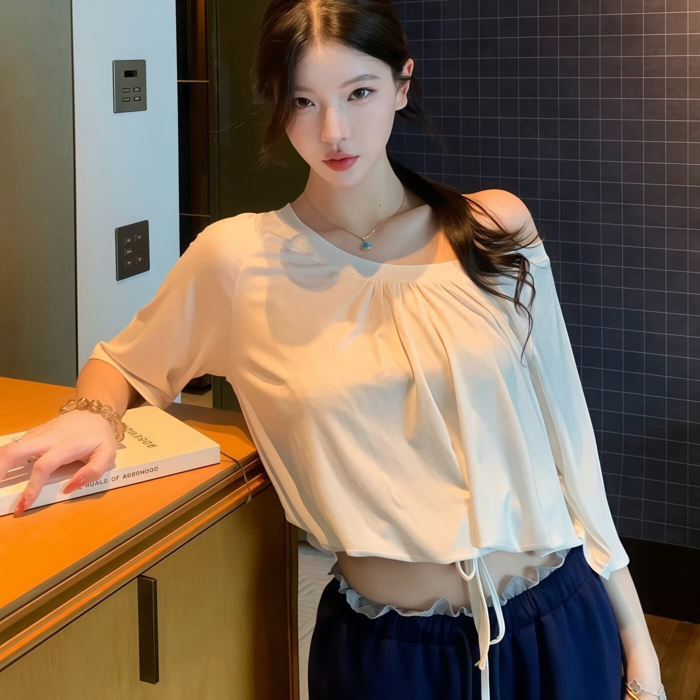 한국 스타일 순수한 욕망 비스듬한 어깨 오프숄더 펌프 로프 반팔 세트 여성 여름 2026 작은 대중 디자인 센스 슬림해 보이는 다용도 착용 가져 가라. 이미지 6
