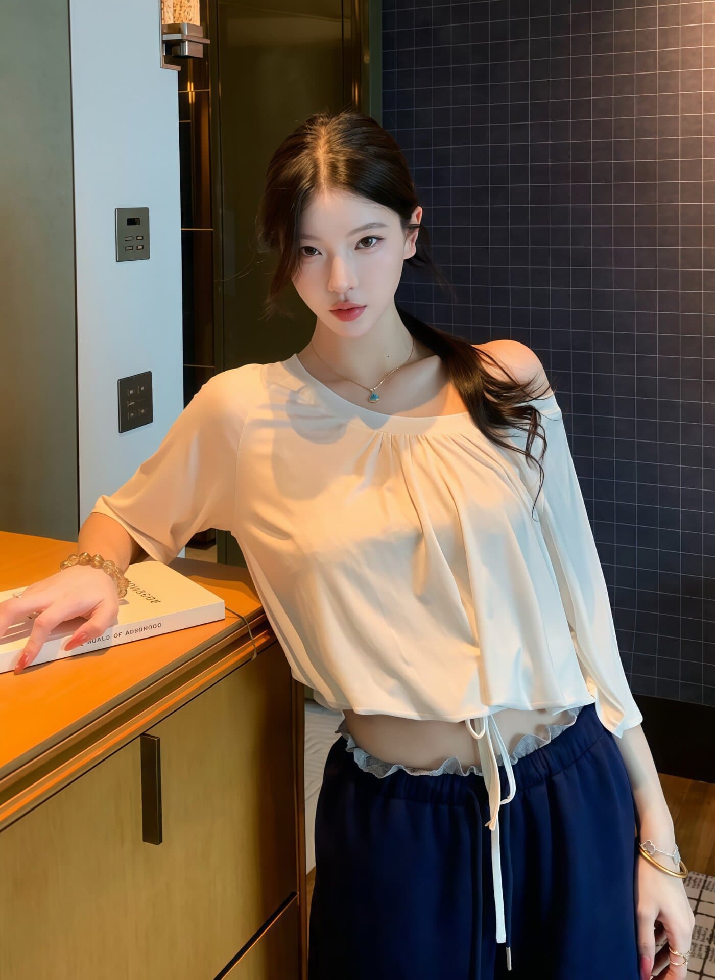 한국 스타일 순수한 욕망 비스듬한 어깨 오프숄더 펌프 로프 반팔 세트 여성 여름 2026 작은 대중 디자인 센스 슬림해 보이는 다용도 착용 가져 가라. 상세 이미지 1