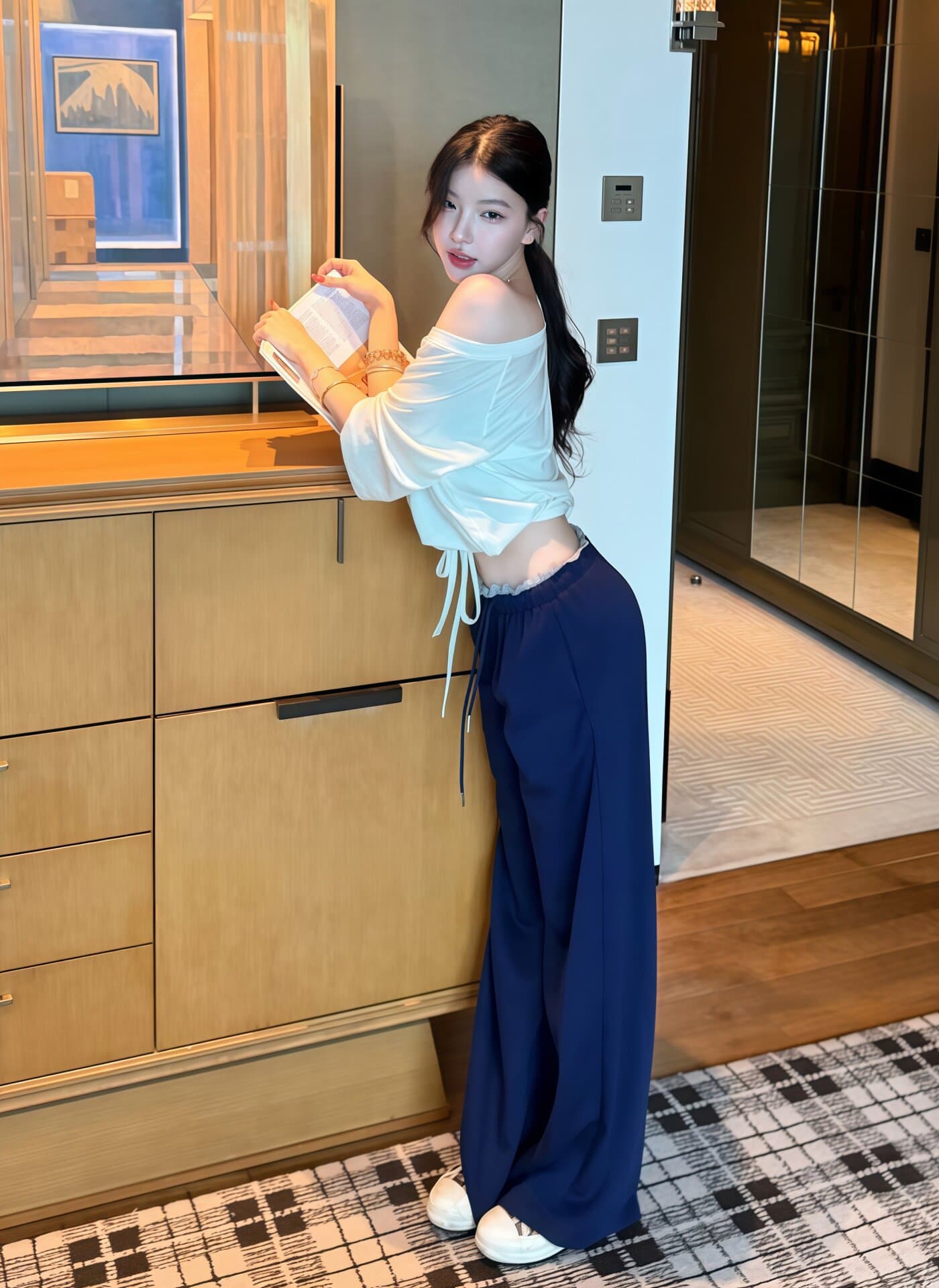 한국 스타일 순수한 욕망 비스듬한 어깨 오프숄더 펌프 로프 반팔 세트 여성 여름 2026 작은 대중 디자인 센스 슬림해 보이는 다용도 착용 가져 가라. 상세 이미지 2