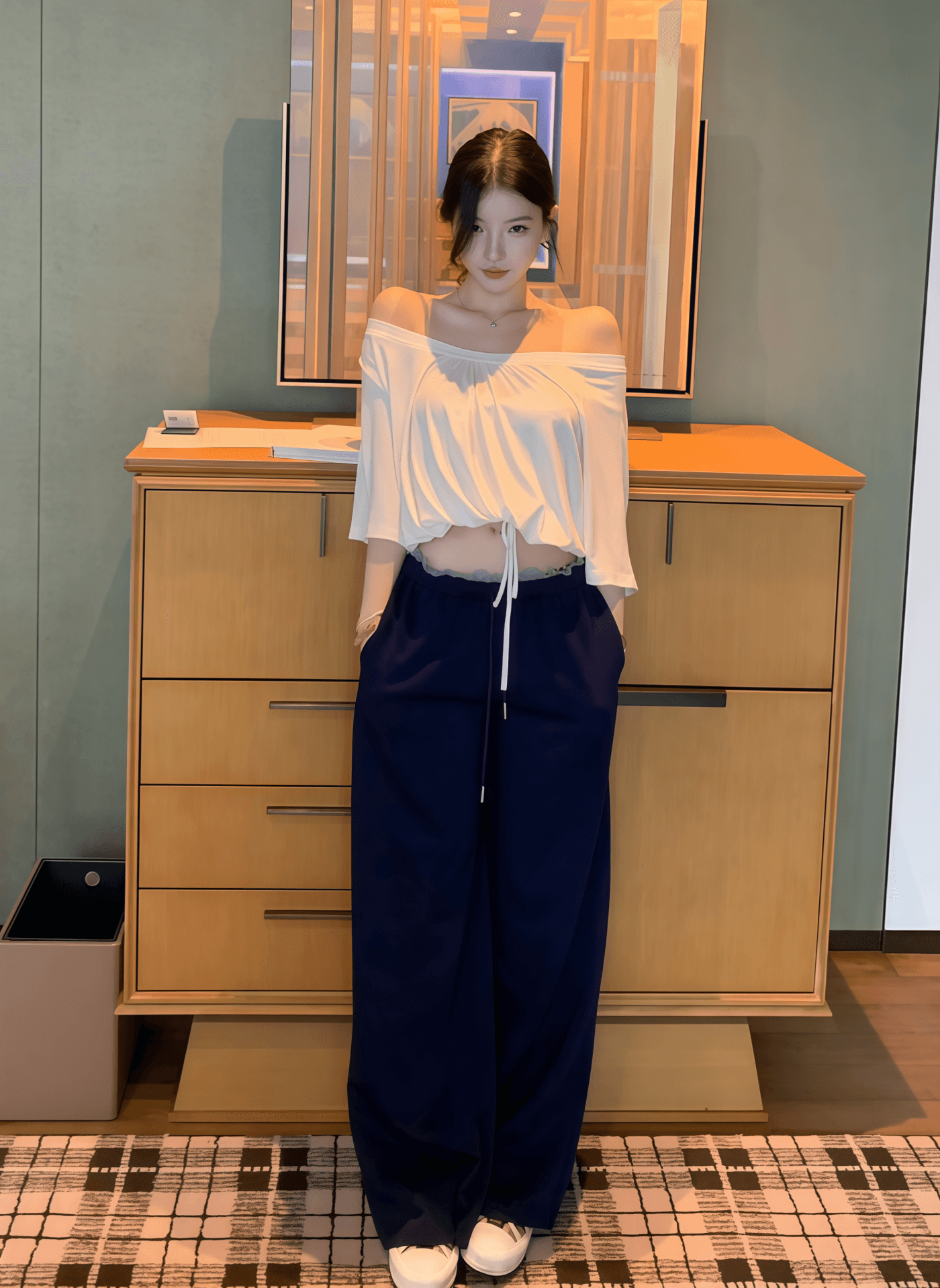 한국 스타일 순수한 욕망 비스듬한 어깨 오프숄더 펌프 로프 반팔 세트 여성 여름 2026 작은 대중 디자인 센스 슬림해 보이는 다용도 착용 가져 가라. 상세 이미지 3