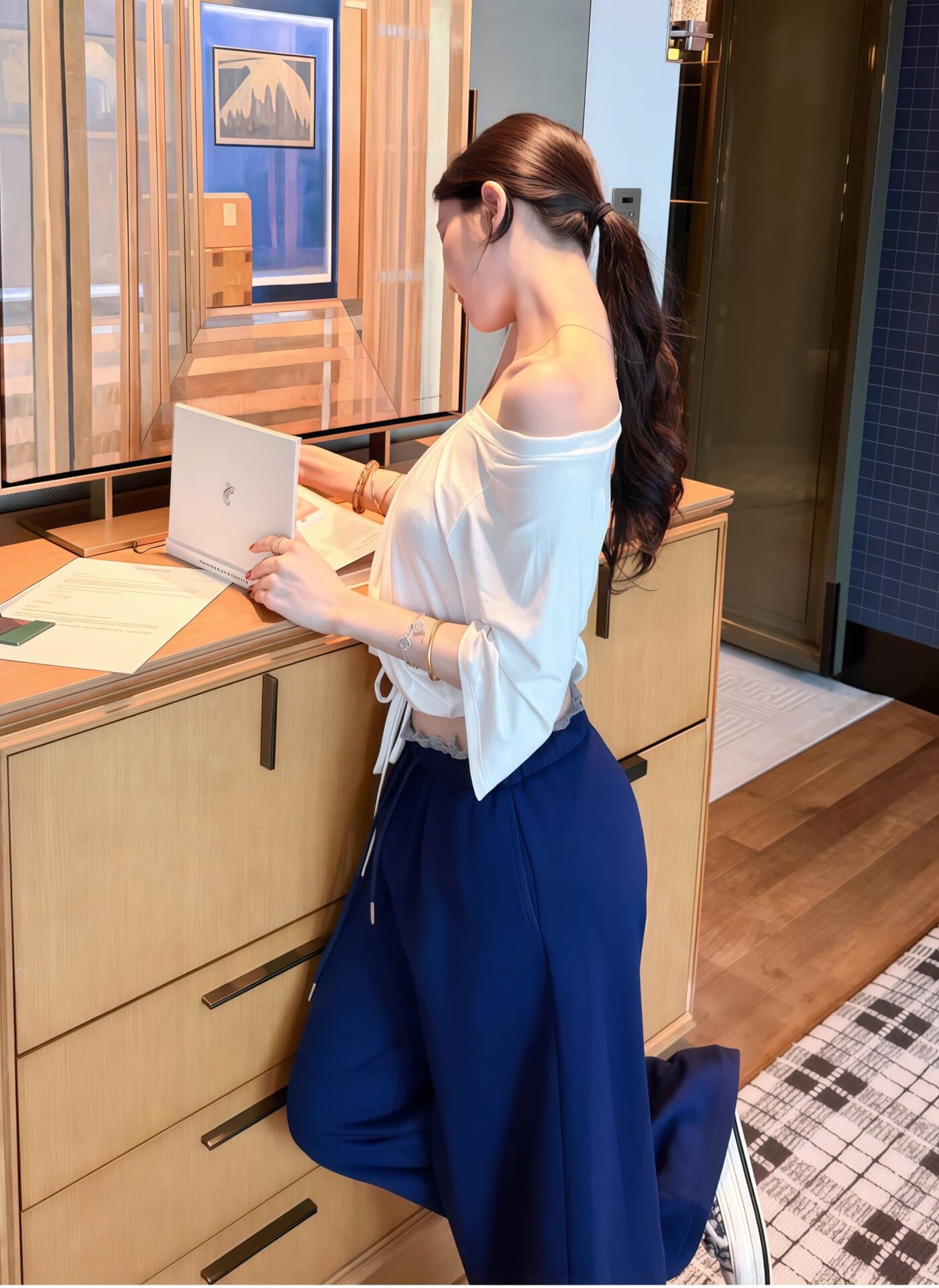 한국 스타일 순수한 욕망 비스듬한 어깨 오프숄더 펌프 로프 반팔 세트 여성 여름 2026 작은 대중 디자인 센스 슬림해 보이는 다용도 착용 가져 가라. 상세 이미지 4