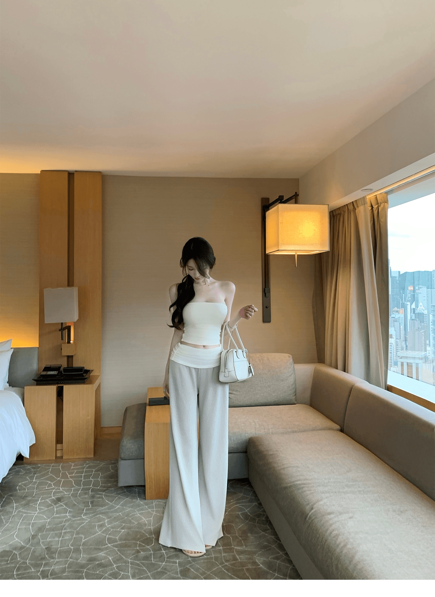 한 부서 튜브탑 맨위 뒤집다 측면 스트레이트 캐주얼 바지 투피스 세트 상세 이미지 6