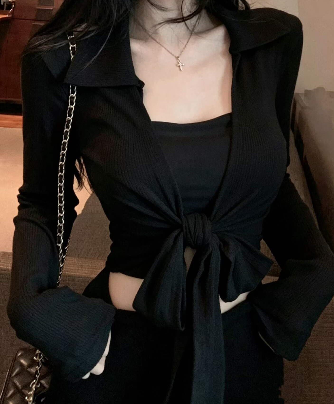 한 부서 캐주얼 바람 스트랩 가슴 패드 슬림해 보이는 캐미솔 가을 새로운 긴팔 폴로 칼라 오픈 가디건 투피스 슈트 상세 이미지 6
