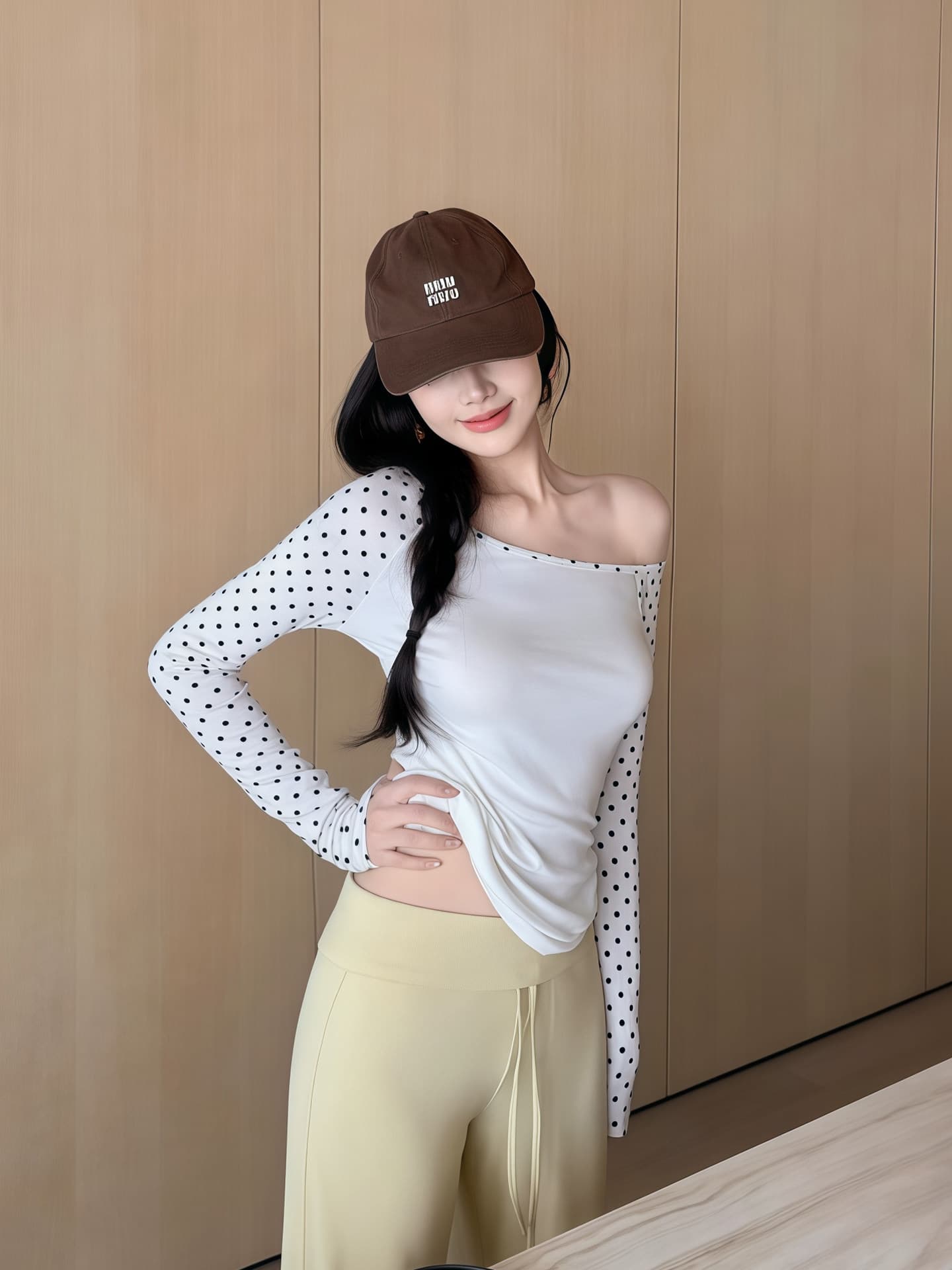 순수한 욕망 핫걸 바람 배색 도트 무늬 긴팔 티셔츠 가을 새로운 여성 의류 비스듬한 어깨 소매 섹시함 i 오프숄더 품격 맨위 이미지 4