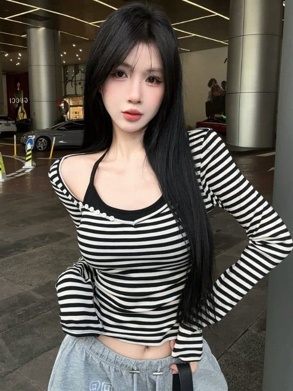 몸매 가꾸기 쇼트 스타일 행침 목 벨트 가슴 패드 캐미솔 만나는 인사이드 가져 가라. V넥 긴팔 스트라이프 티셔츠 맨위 투피스 슈트 이미지 3