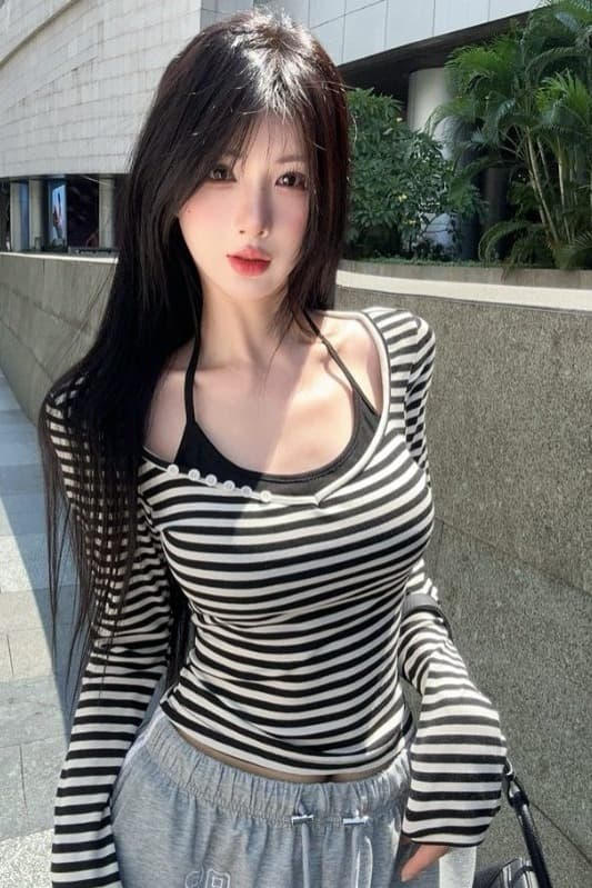 몸매 가꾸기 쇼트 스타일 행침 목 벨트 가슴 패드 캐미솔 만나는 인사이드 가져 가라. V넥 긴팔 스트라이프 티셔츠 맨위 투피스 슈트 이미지 7