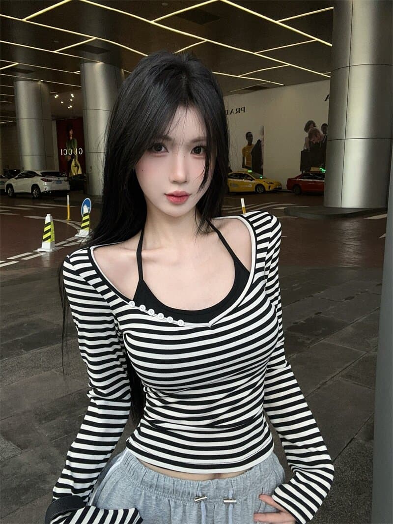 몸매 가꾸기 쇼트 스타일 행침 목 벨트 가슴 패드 캐미솔 만나는 인사이드 가져 가라. V넥 긴팔 스트라이프 티셔츠 맨위 투피스 슈트 상세 이미지 2