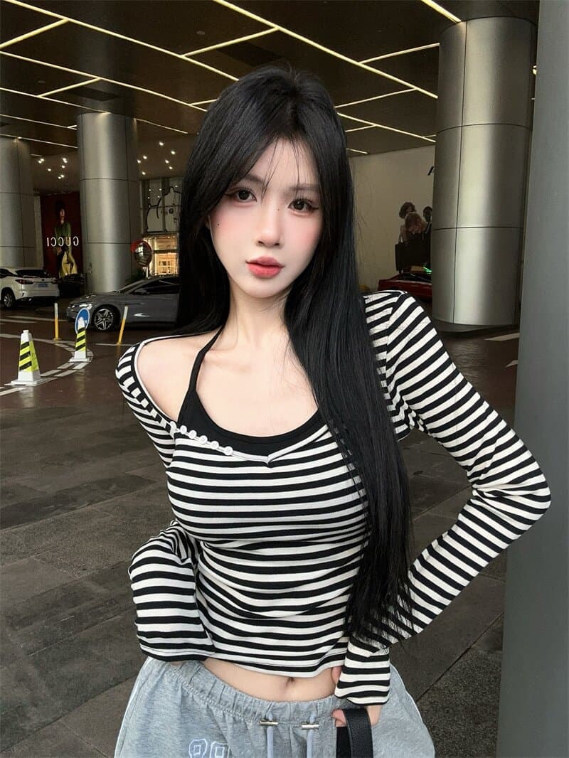 몸매 가꾸기 쇼트 스타일 행침 목 벨트 가슴 패드 캐미솔 만나는 인사이드 가져 가라. V넥 긴팔 스트라이프 티셔츠 맨위 투피스 슈트 상세 이미지 3
