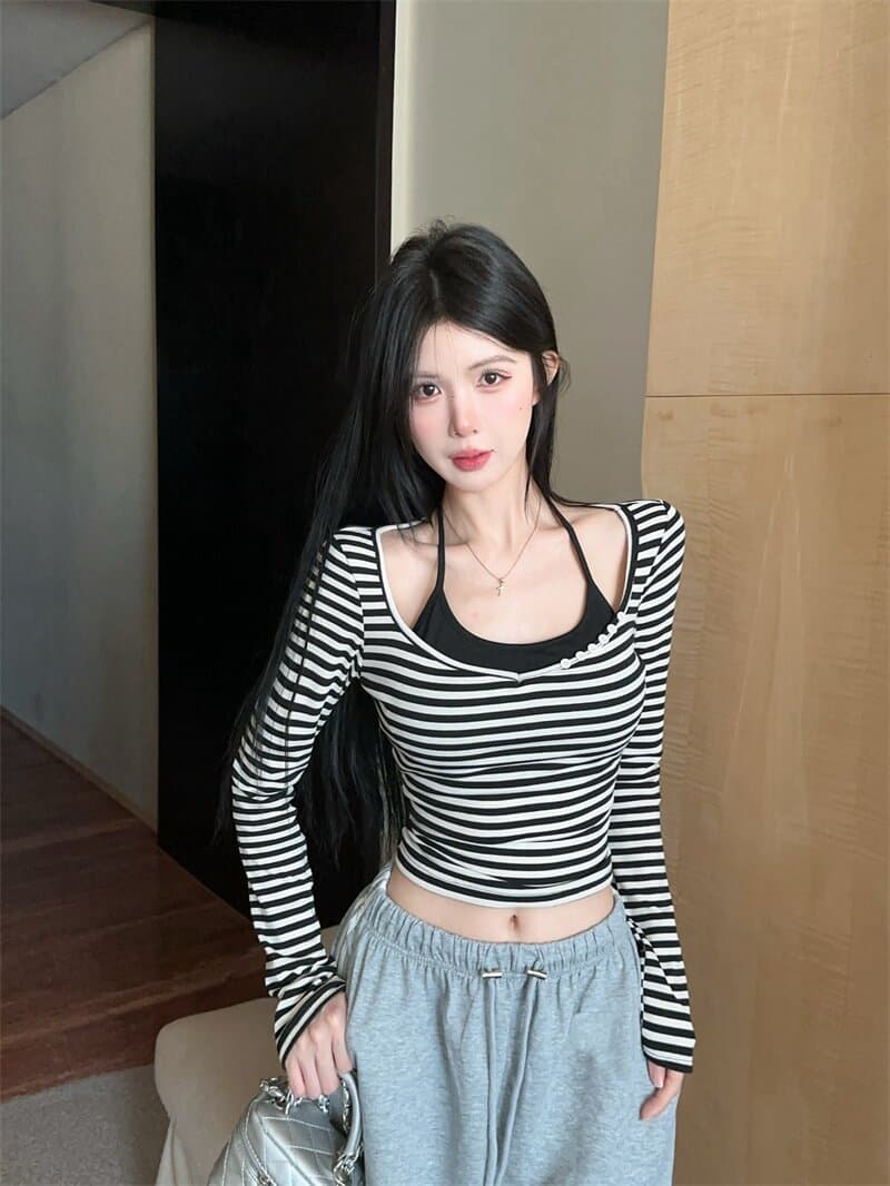 몸매 가꾸기 쇼트 스타일 행침 목 벨트 가슴 패드 캐미솔 만나는 인사이드 가져 가라. V넥 긴팔 스트라이프 티셔츠 맨위 투피스 슈트 상세 이미지 9