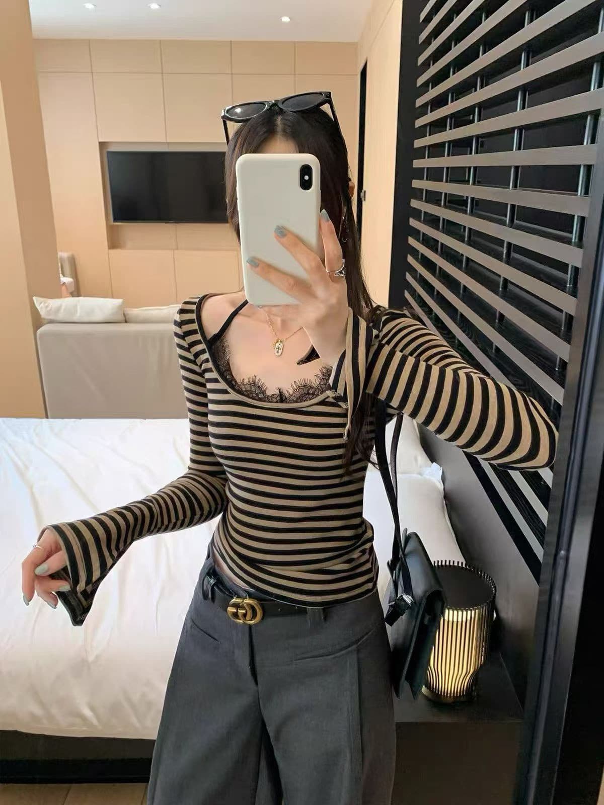 고급 센스 chic Chic 레이스 레이스 행침 목 스트라이프 긴팔 티셔츠 여성 2026 새로운 이른 가을 싱글 착용 맨위 이미지 3