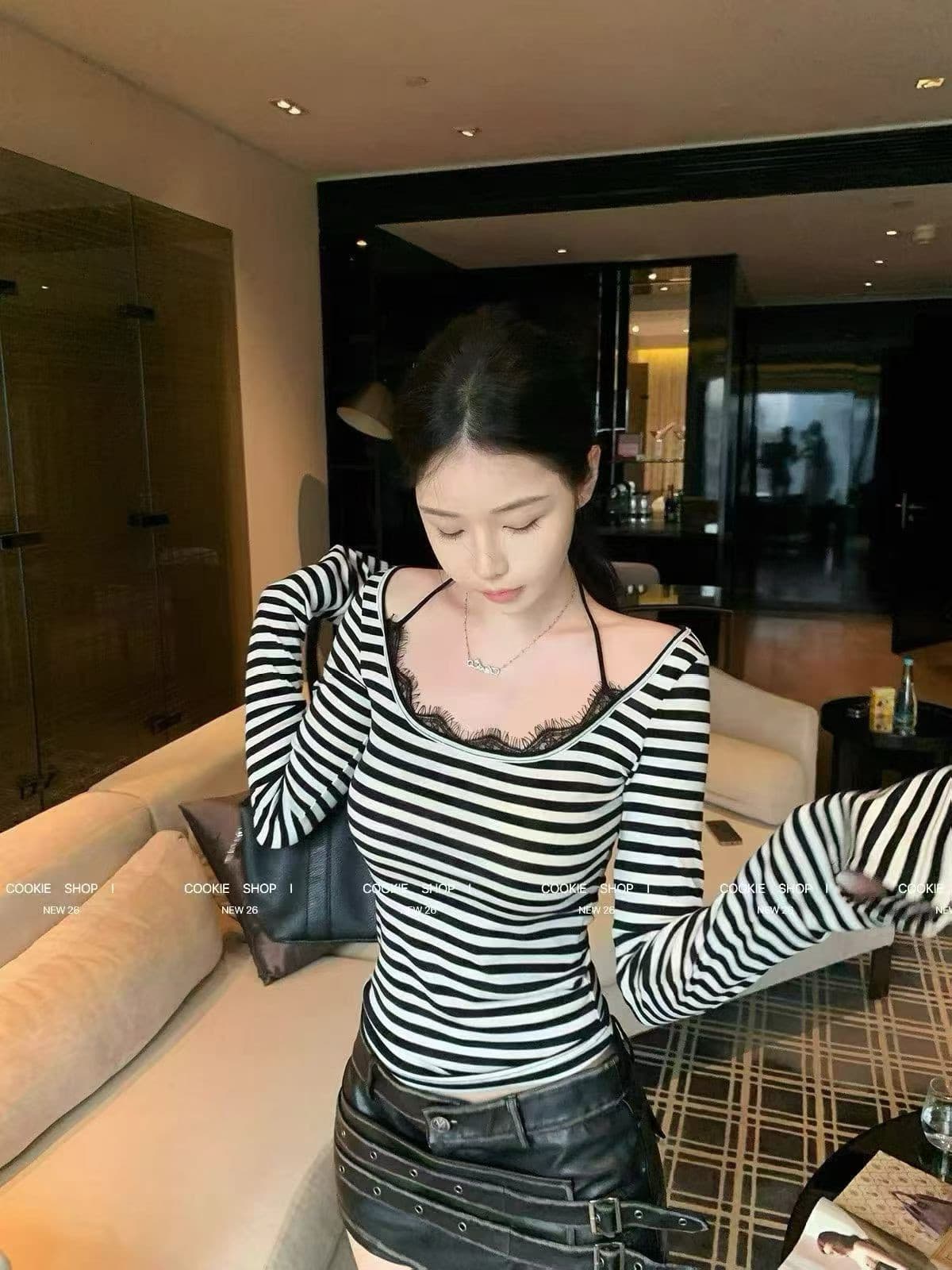 고급 센스 chic Chic 레이스 레이스 행침 목 스트라이프 긴팔 티셔츠 여성 2026 새로운 이른 가을 싱글 착용 맨위 이미지 2