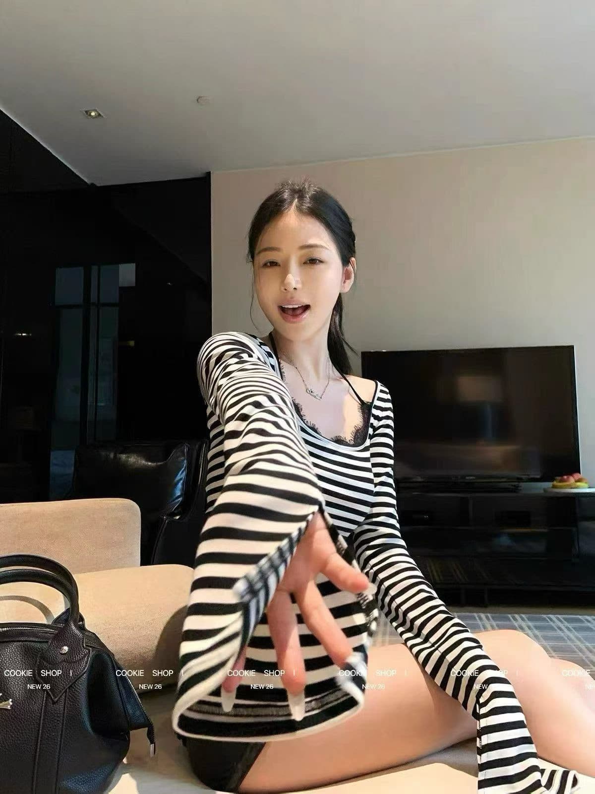 고급 센스 chic Chic 레이스 레이스 행침 목 스트라이프 긴팔 티셔츠 여성 2026 새로운 이른 가을 싱글 착용 맨위 이미지 4