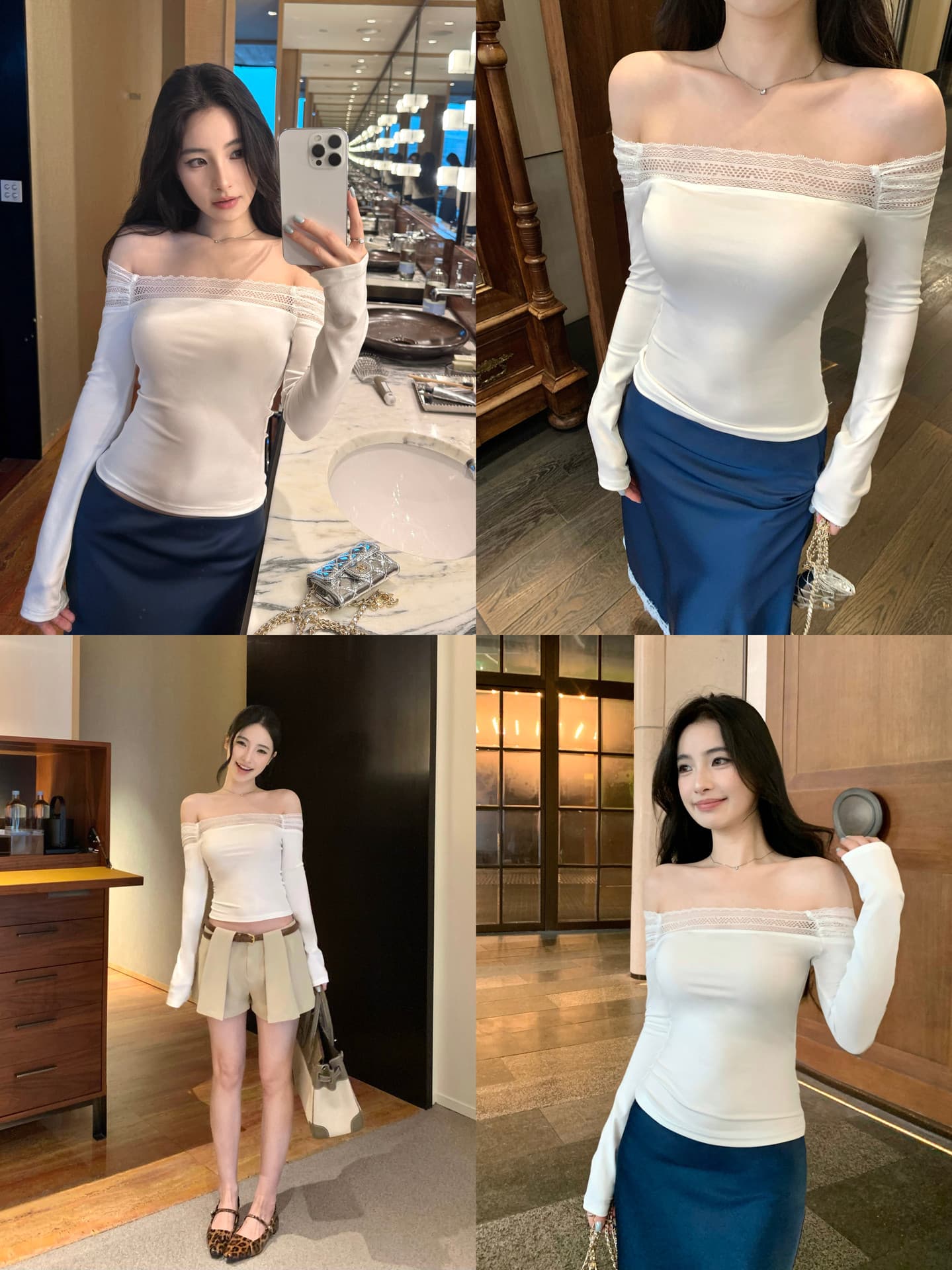 오프숄더 레이스 조각 긴팔 티셔츠 오프숄더 몸매 가꾸기 슬림해 보이는 품격 만나는 맨위 이미지 3