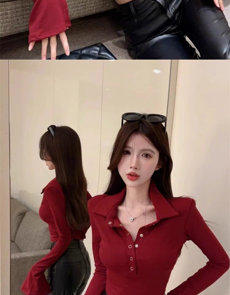 화이트 polo 폴로 칼라 기본 셔츠 여성 2026 가을 새로운 나팔 긴팔 티셔츠 타이트 인사이드 가져 가라. 쇼트 스타일 맨위 상세 이미지 5