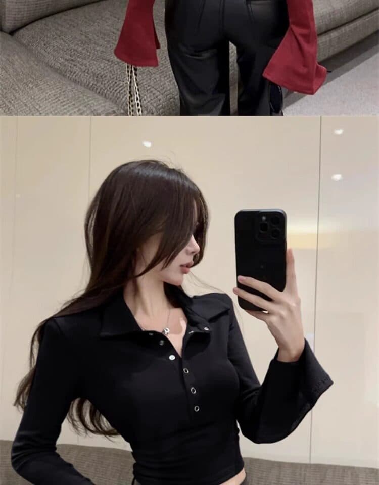 화이트 polo 폴로 칼라 기본 셔츠 여성 2026 가을 새로운 나팔 긴팔 티셔츠 타이트 인사이드 가져 가라. 쇼트 스타일 맨위 상세 이미지 12