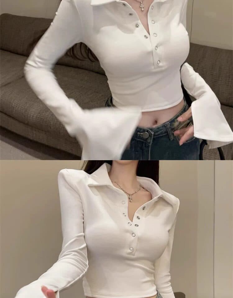 화이트 polo 폴로 칼라 기본 셔츠 여성 2026 가을 새로운 나팔 긴팔 티셔츠 타이트 인사이드 가져 가라. 쇼트 스타일 맨위 상세 이미지 19