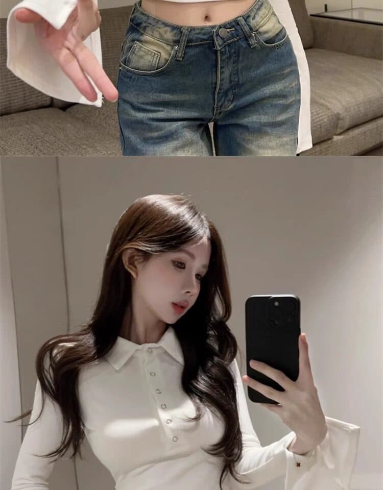 화이트 polo 폴로 칼라 기본 셔츠 여성 2026 가을 새로운 나팔 긴팔 티셔츠 타이트 인사이드 가져 가라. 쇼트 스타일 맨위 상세 이미지 20