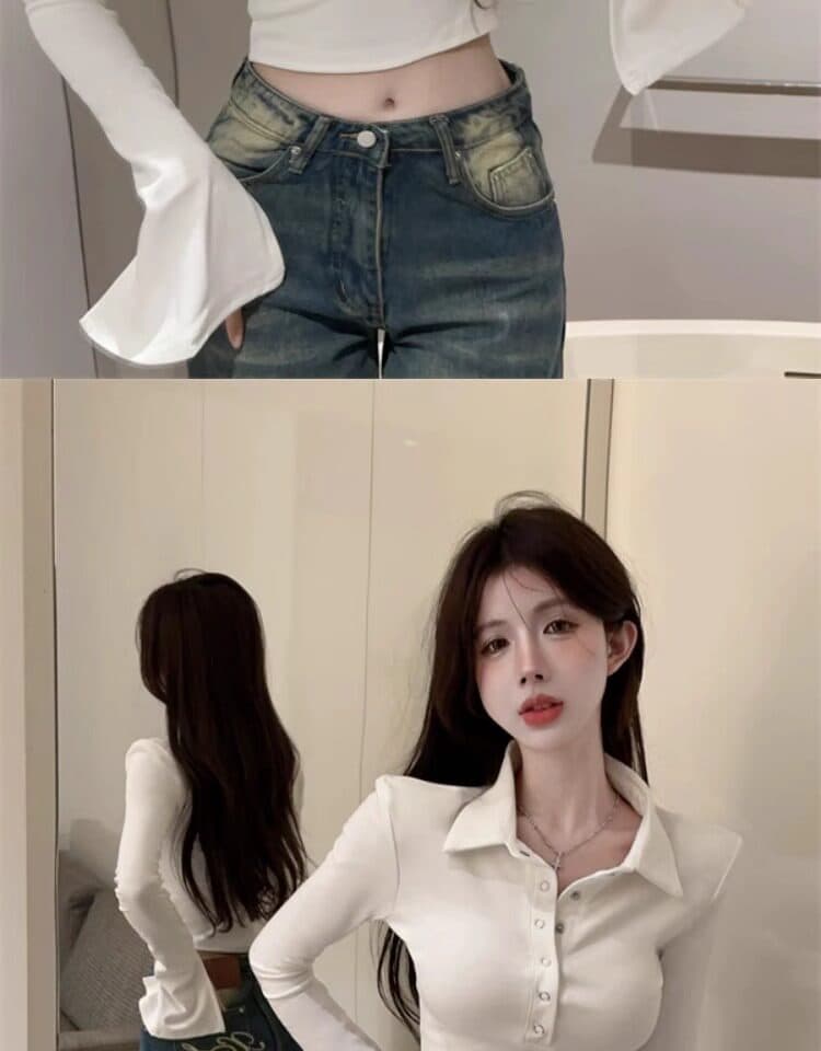 화이트 polo 폴로 칼라 기본 셔츠 여성 2026 가을 새로운 나팔 긴팔 티셔츠 타이트 인사이드 가져 가라. 쇼트 스타일 맨위 상세 이미지 21