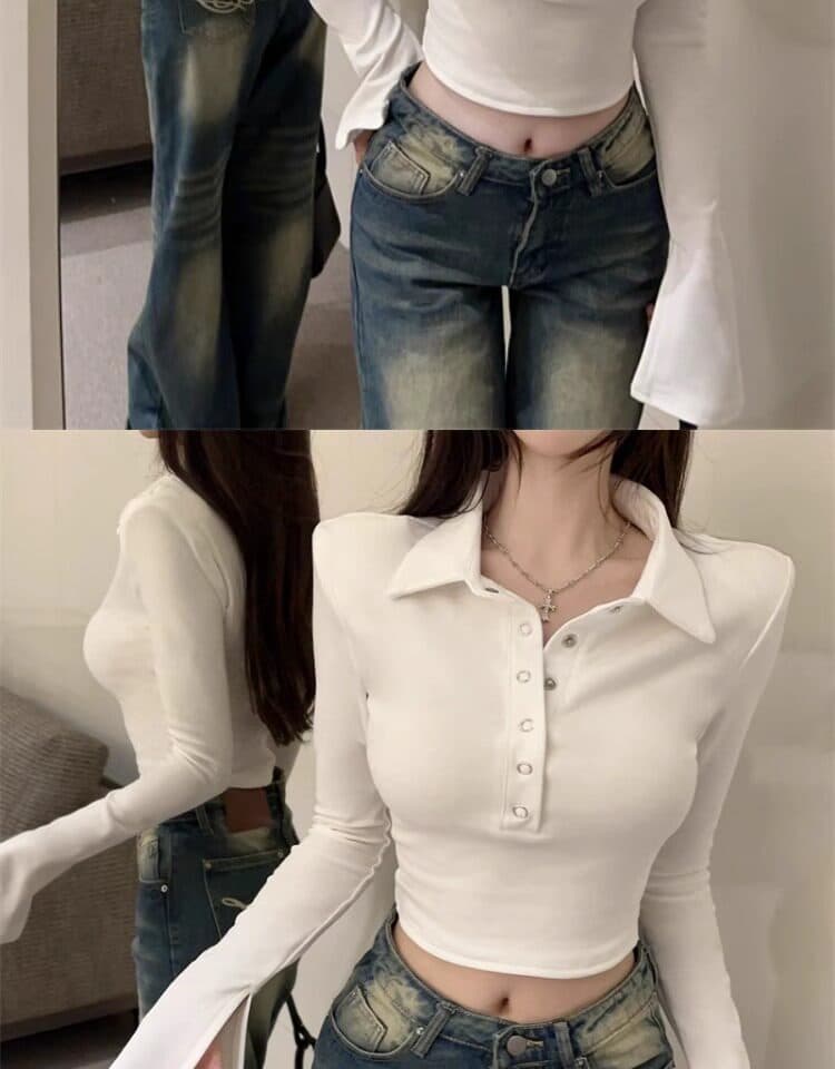 화이트 polo 폴로 칼라 기본 셔츠 여성 2026 가을 새로운 나팔 긴팔 티셔츠 타이트 인사이드 가져 가라. 쇼트 스타일 맨위 상세 이미지 22