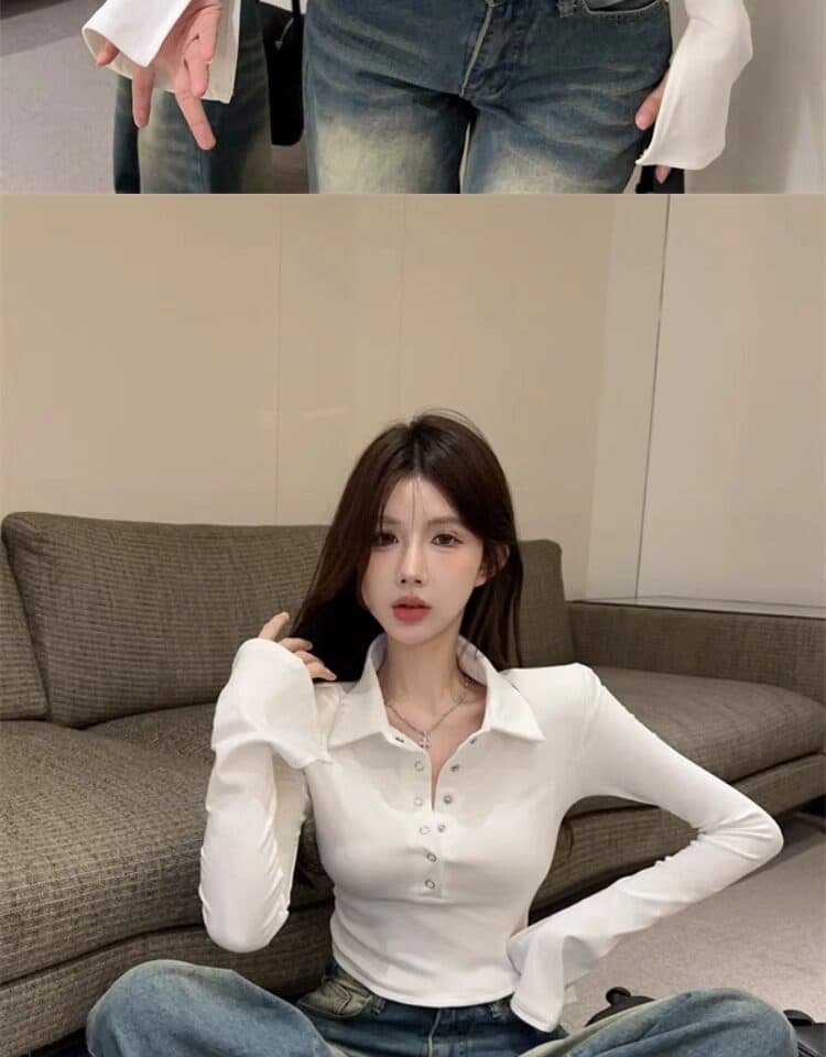 화이트 polo 폴로 칼라 기본 셔츠 여성 2026 가을 새로운 나팔 긴팔 티셔츠 타이트 인사이드 가져 가라. 쇼트 스타일 맨위 상세 이미지 23