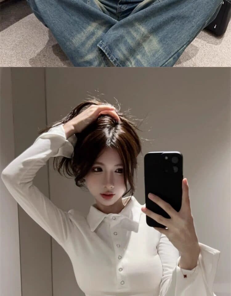 화이트 polo 폴로 칼라 기본 셔츠 여성 2026 가을 새로운 나팔 긴팔 티셔츠 타이트 인사이드 가져 가라. 쇼트 스타일 맨위 상세 이미지 24