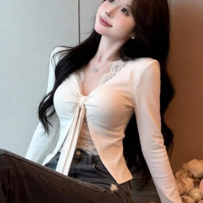 순수한 욕망 바람 섹시함 V넥 레이스 측면 페이크 레이어드 긴팔 티셔츠 여성 가을 새로운 인사이드 가져 가라. 벨트 가슴 패드 쇼트 스타일 맨위 이미지 5