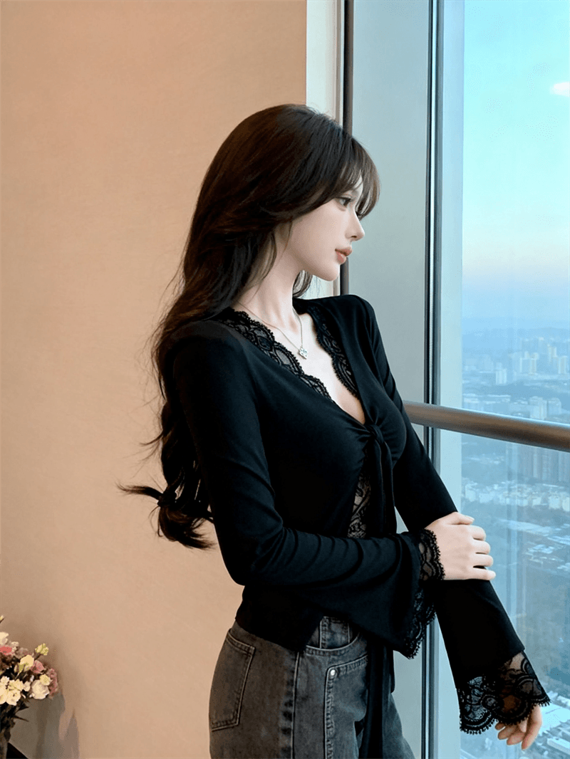 순수한 욕망 바람 섹시함 V넥 레이스 측면 페이크 레이어드 긴팔 티셔츠 여성 가을 새로운 인사이드 가져 가라. 벨트 가슴 패드 쇼트 스타일 맨위 상세 이미지 13