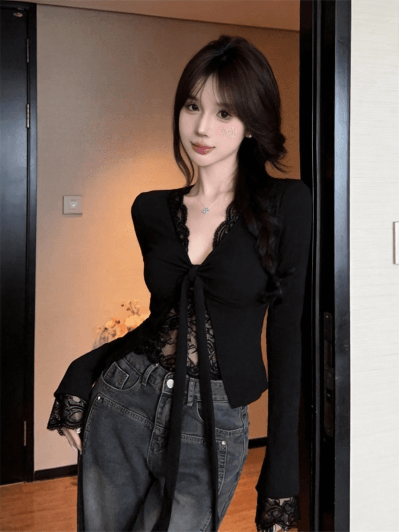 순수한 욕망 바람 섹시함 V넥 레이스 측면 페이크 레이어드 긴팔 티셔츠 여성 가을 새로운 인사이드 가져 가라. 벨트 가슴 패드 쇼트 스타일 맨위 상세 이미지 16