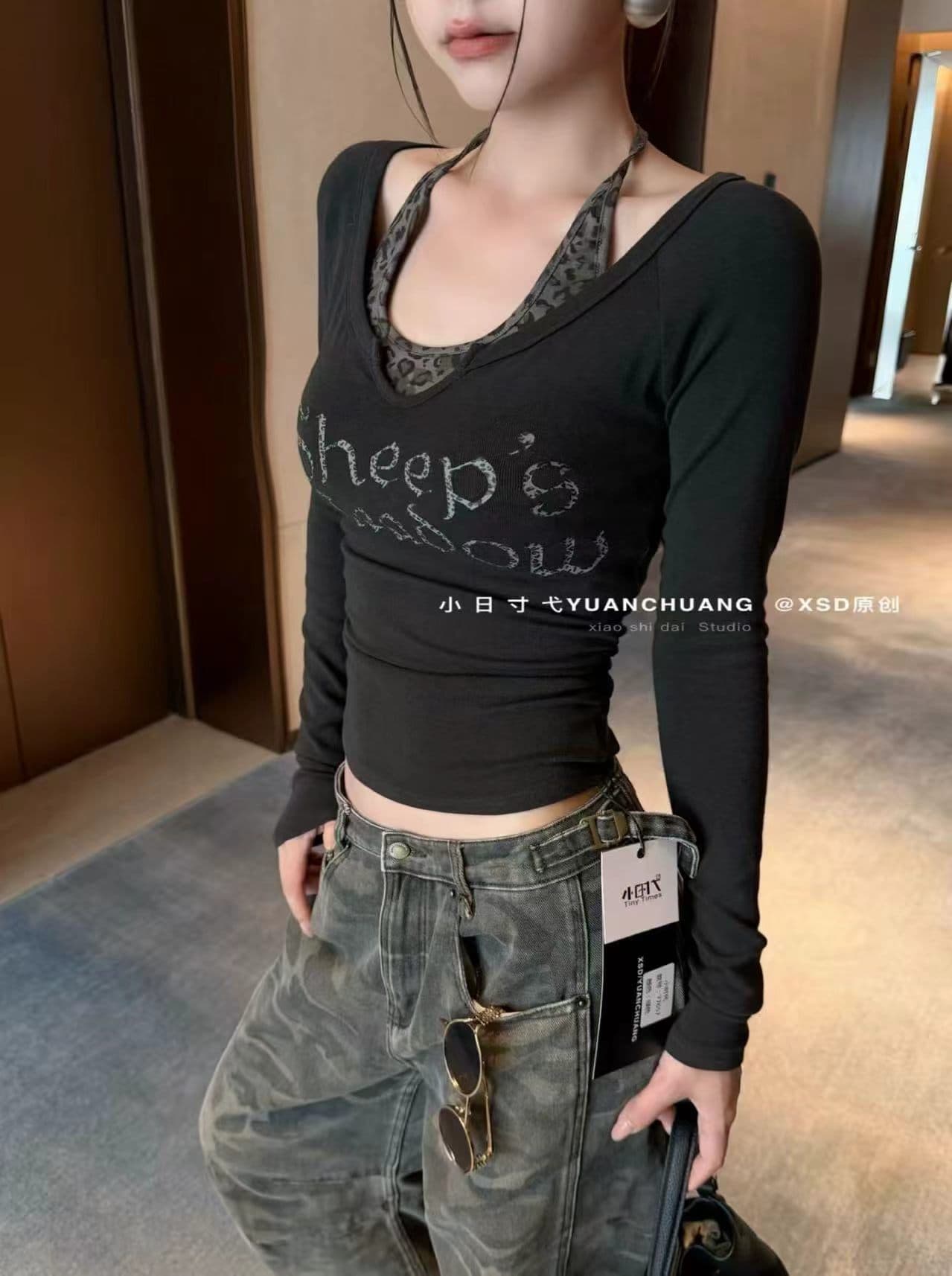 2026 가을 레오파드 무늬 V넥 행침 목 조끼 알파벳 프린트 긴팔 티셔츠 투피스 세트 몸매 가꾸기 맨위 상세 이미지 5