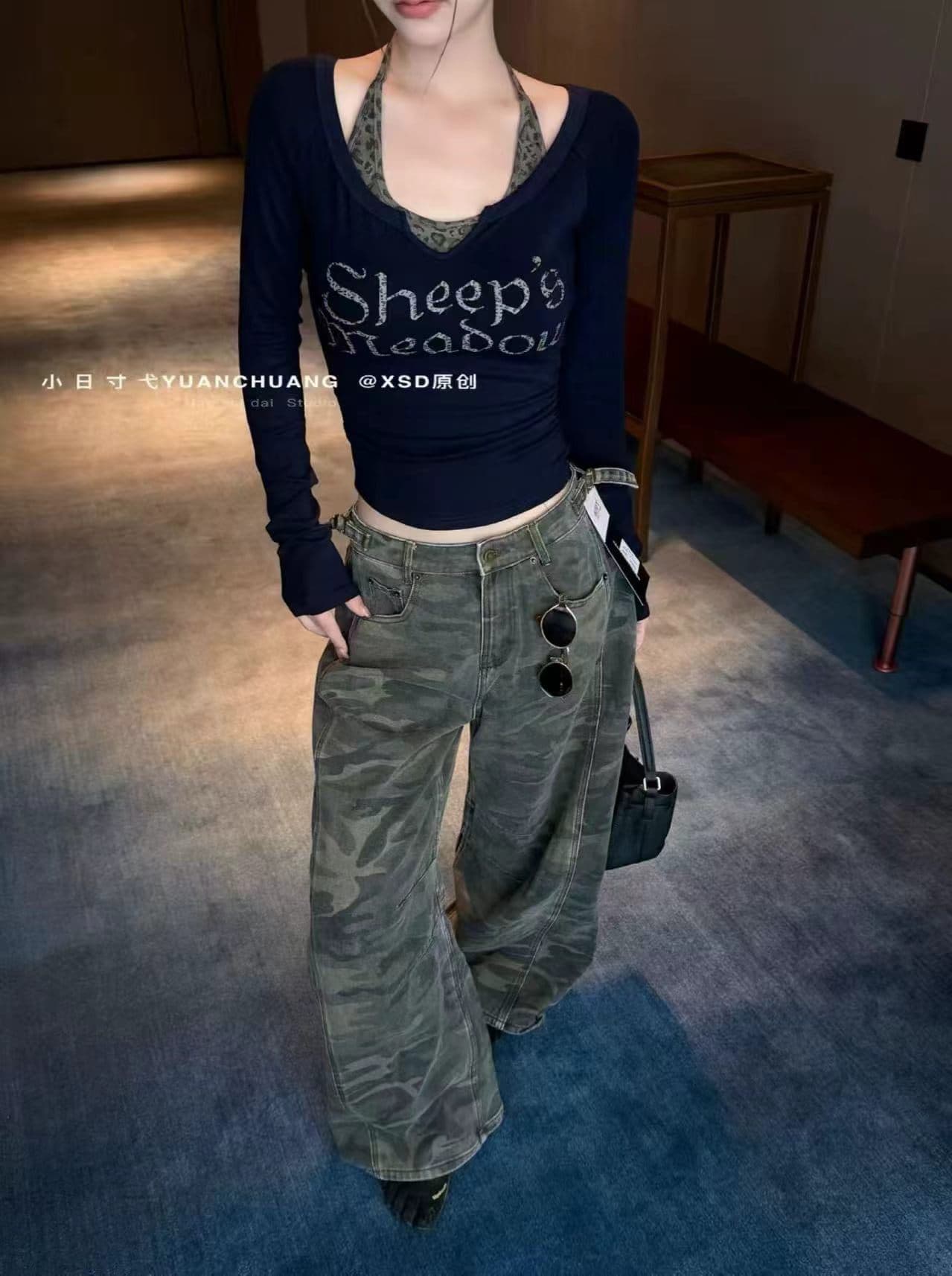 2026 가을 레오파드 무늬 V넥 행침 목 조끼 알파벳 프린트 긴팔 티셔츠 투피스 세트 몸매 가꾸기 맨위 상세 이미지 8