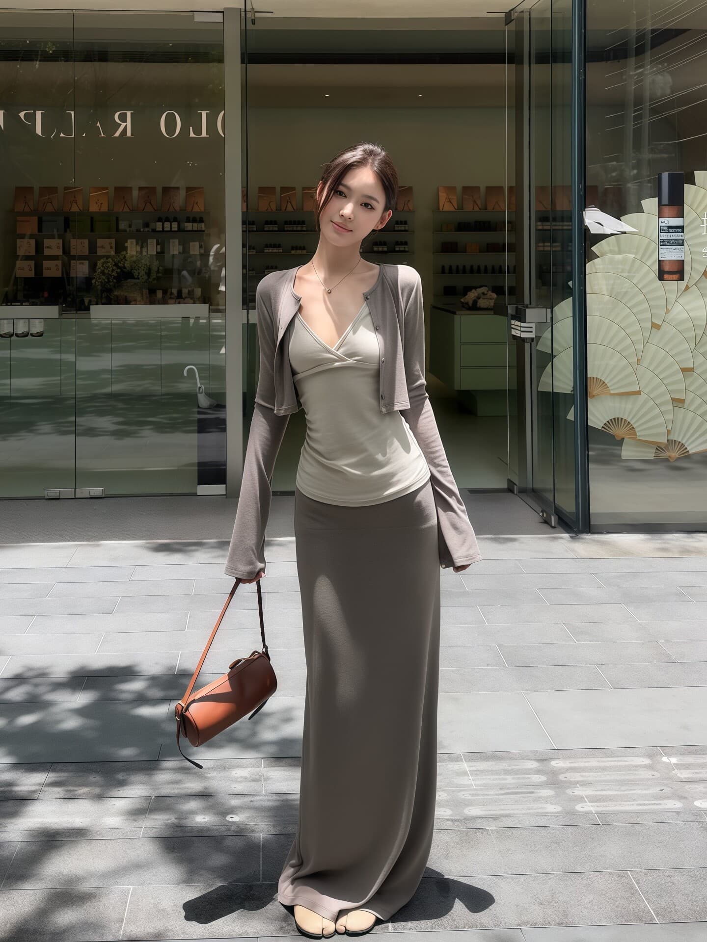 한 부서 캐주얼 느긋한 V넥 슬립 외부 가져 가라. 긴팔 오픈 가디건 여성 이른 가을 하이웨이스트 반신 롱 스커트 패션 3종 세트 상세 이미지 1