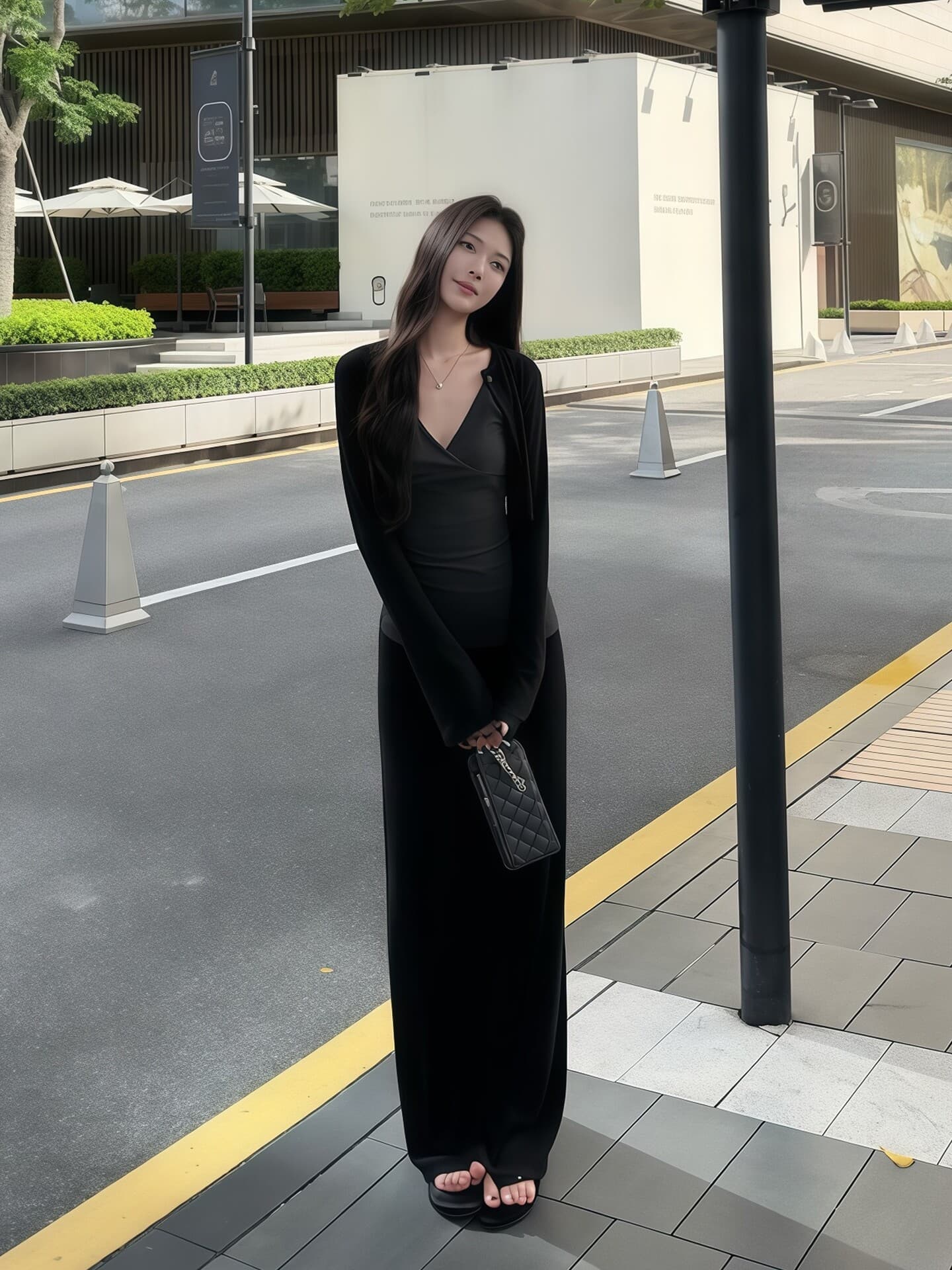 한 부서 캐주얼 느긋한 V넥 슬립 외부 가져 가라. 긴팔 오픈 가디건 여성 이른 가을 하이웨이스트 반신 롱 스커트 패션 3종 세트 상세 이미지 2