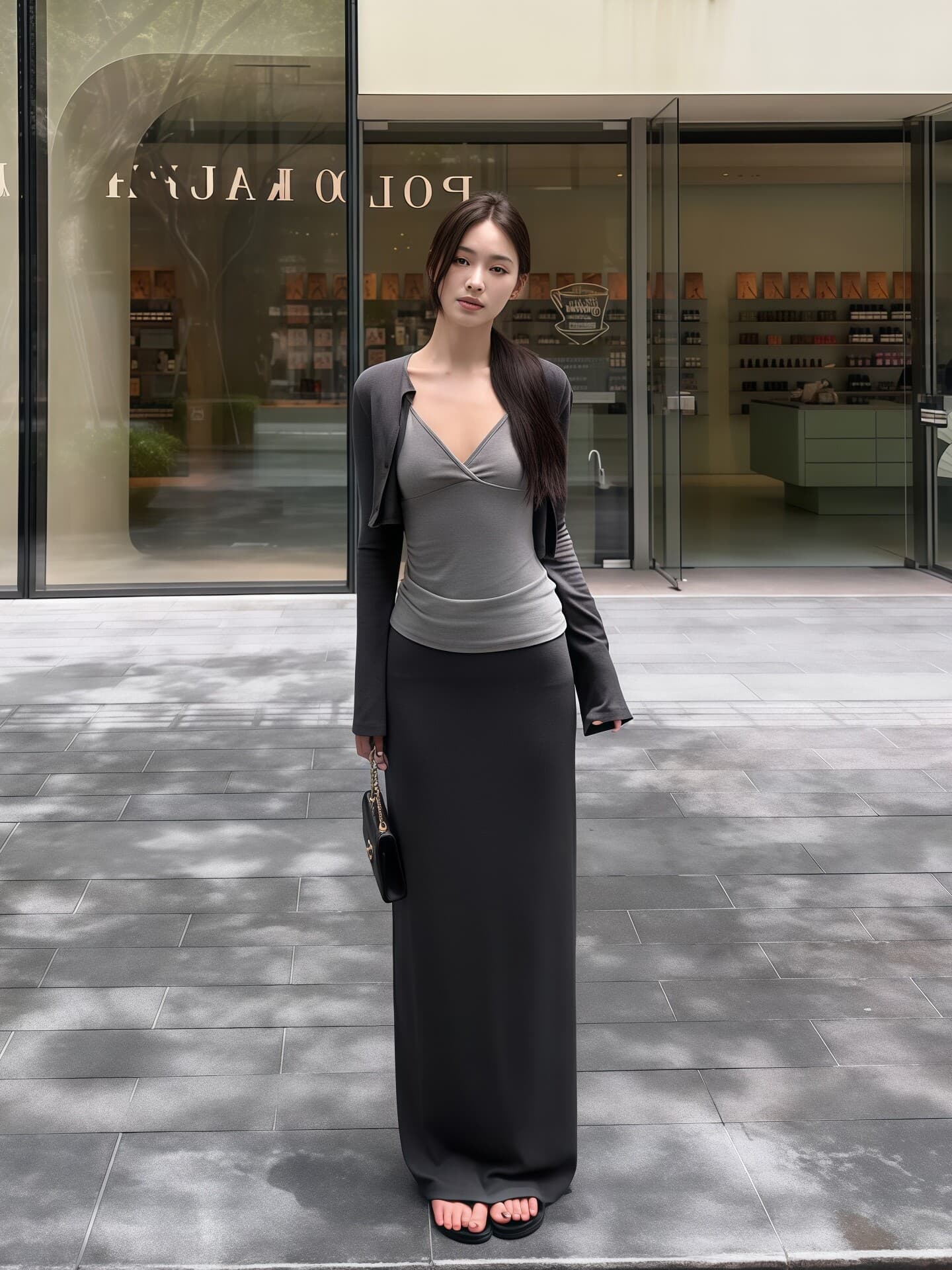 한 부서 캐주얼 느긋한 V넥 슬립 외부 가져 가라. 긴팔 오픈 가디건 여성 이른 가을 하이웨이스트 반신 롱 스커트 패션 3종 세트 상세 이미지 3