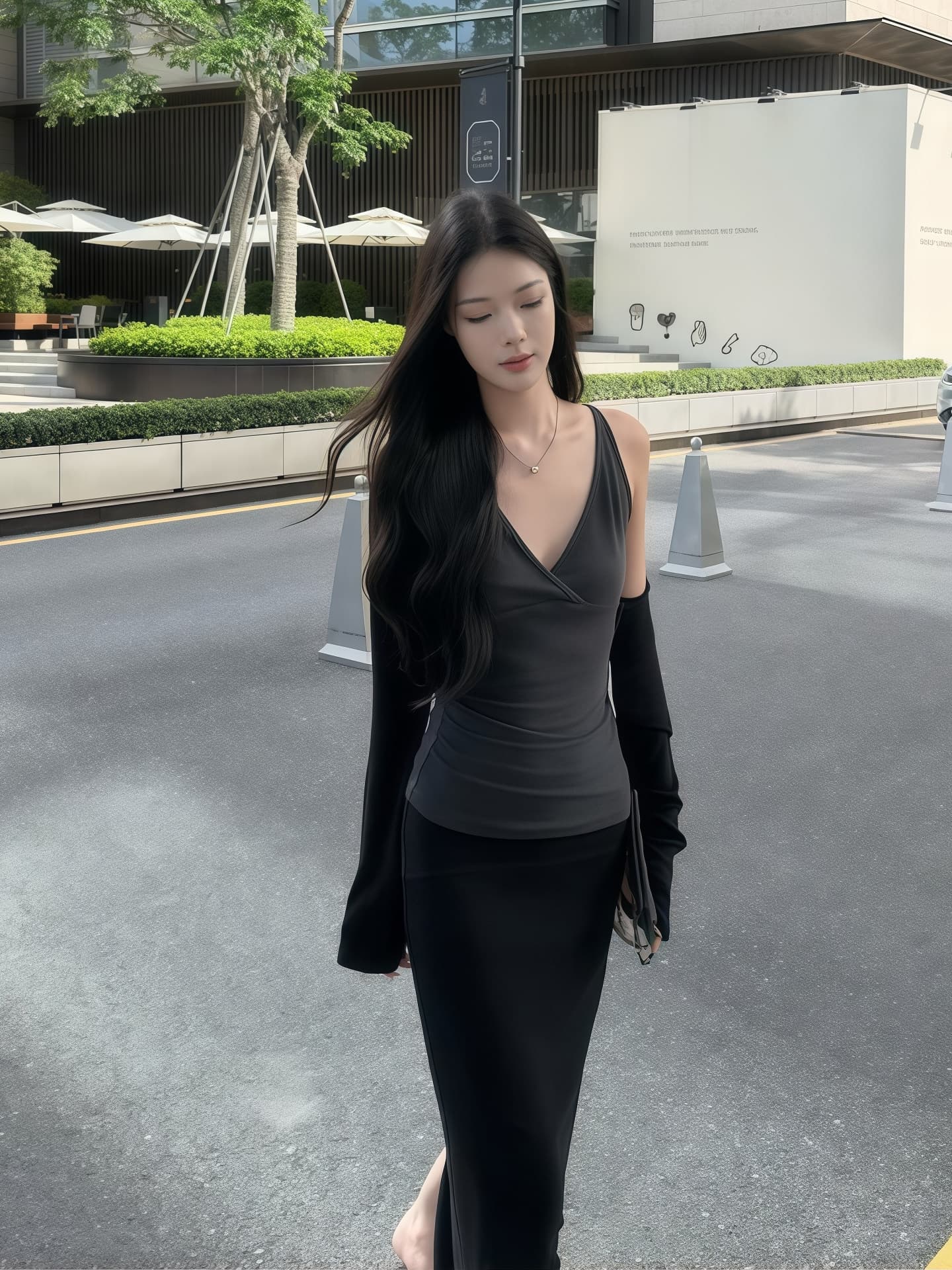 한 부서 캐주얼 느긋한 V넥 슬립 외부 가져 가라. 긴팔 오픈 가디건 여성 이른 가을 하이웨이스트 반신 롱 스커트 패션 3종 세트 상세 이미지 7