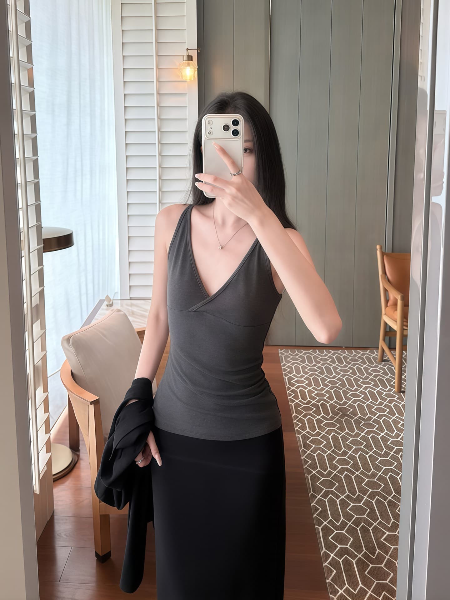 한 부서 캐주얼 느긋한 V넥 슬립 외부 가져 가라. 긴팔 오픈 가디건 여성 이른 가을 하이웨이스트 반신 롱 스커트 패션 3종 세트 상세 이미지 13