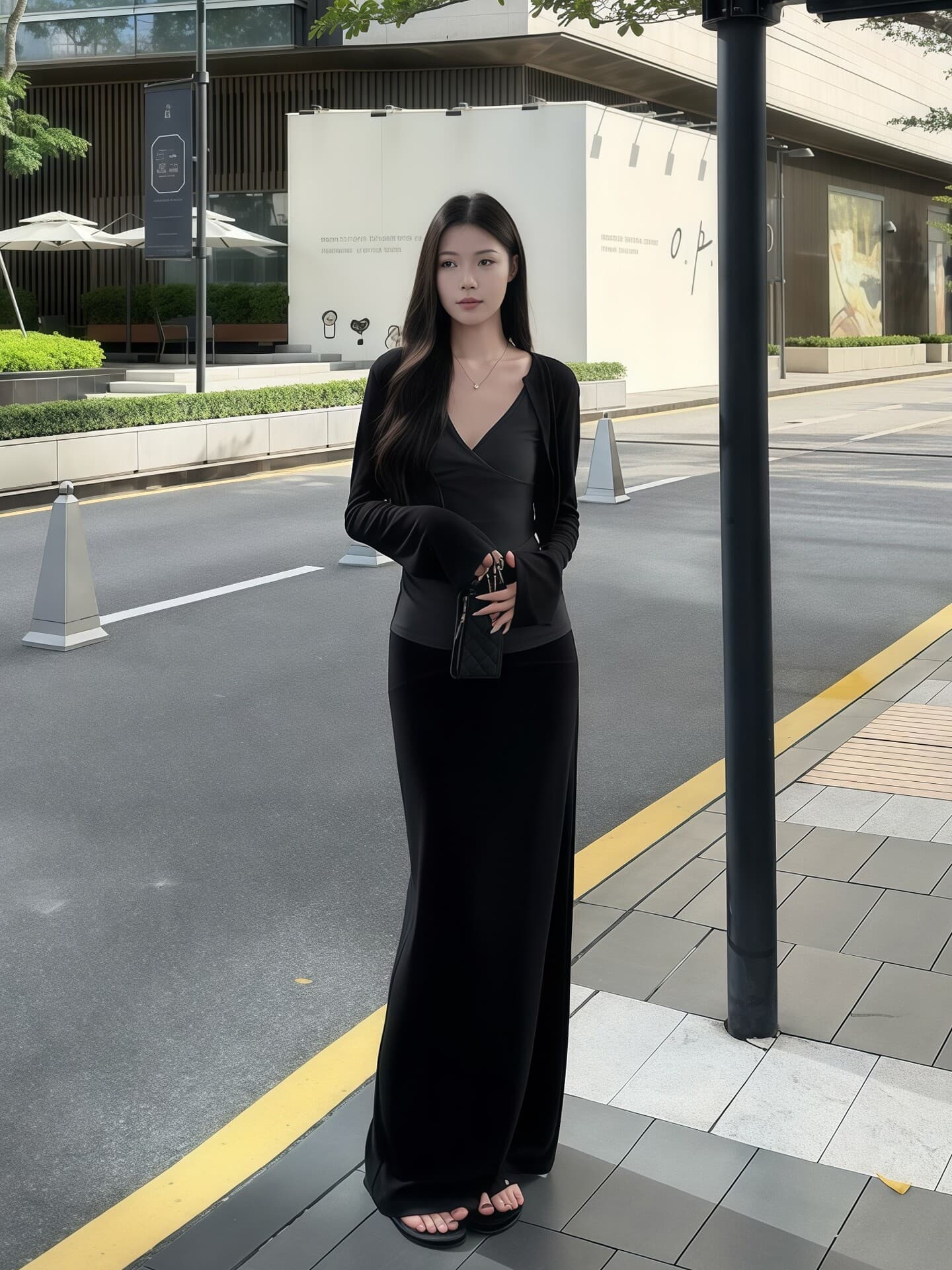 한 부서 캐주얼 느긋한 V넥 슬립 외부 가져 가라. 긴팔 오픈 가디건 여성 이른 가을 하이웨이스트 반신 롱 스커트 패션 3종 세트 상세 이미지 14