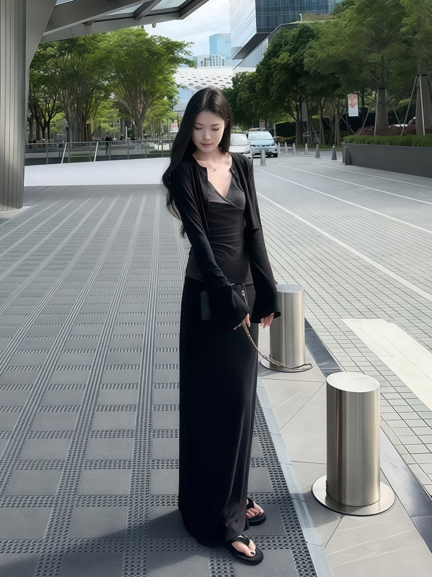 한 부서 캐주얼 느긋한 V넥 슬립 외부 가져 가라. 긴팔 오픈 가디건 여성 이른 가을 하이웨이스트 반신 롱 스커트 패션 3종 세트 상세 이미지 17