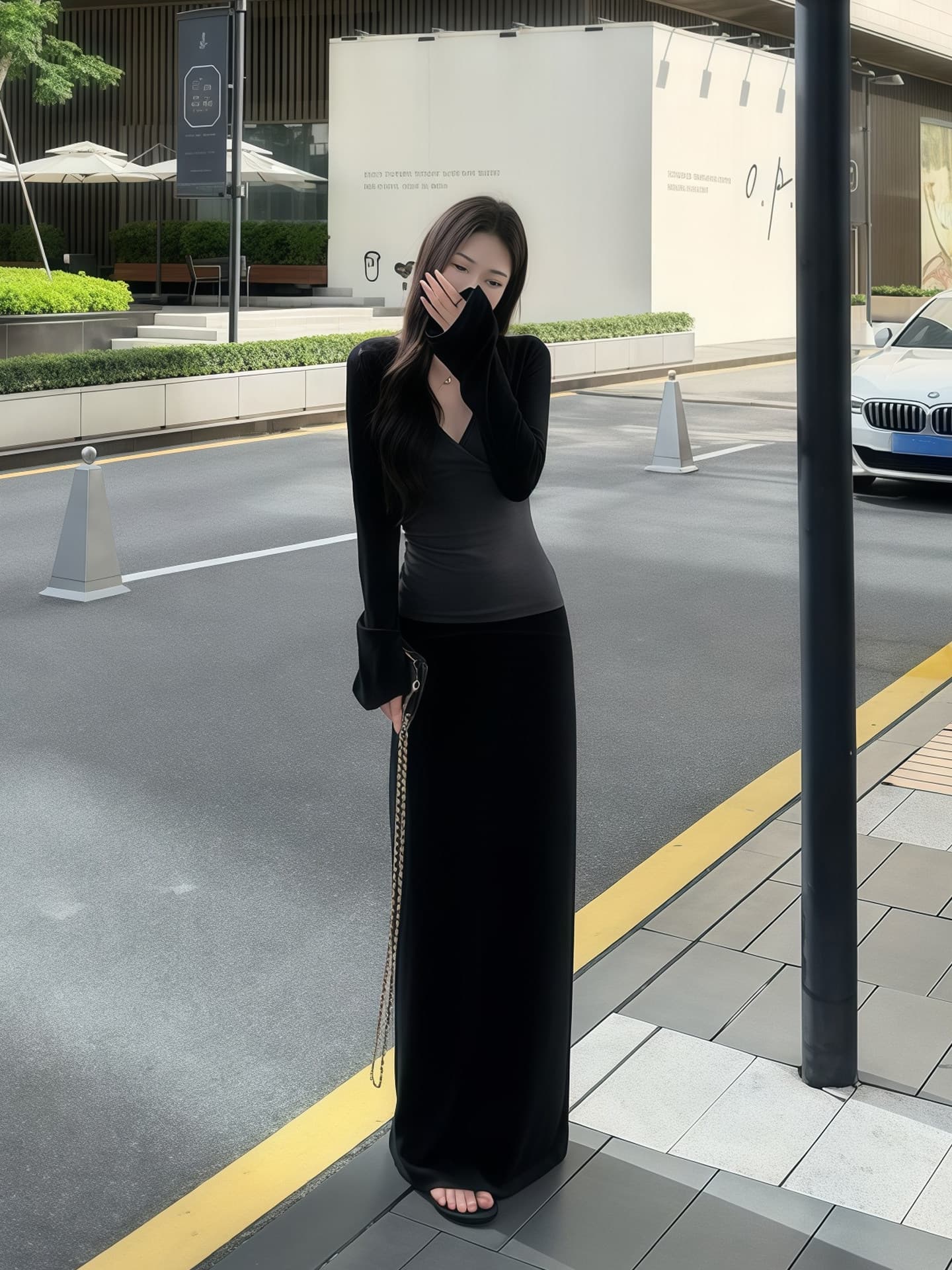 한 부서 캐주얼 느긋한 V넥 슬립 외부 가져 가라. 긴팔 오픈 가디건 여성 이른 가을 하이웨이스트 반신 롱 스커트 패션 3종 세트 상세 이미지 18