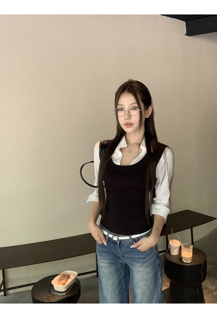 레드 맨 파빌리온 여성 셔츠 2026 새로운 봄 가을 프랑스식 맨위 페이크 레이어드 긴팔 허리 수축 핫걸 자이언트 잘 생긴 셔츠 상세 이미지 5