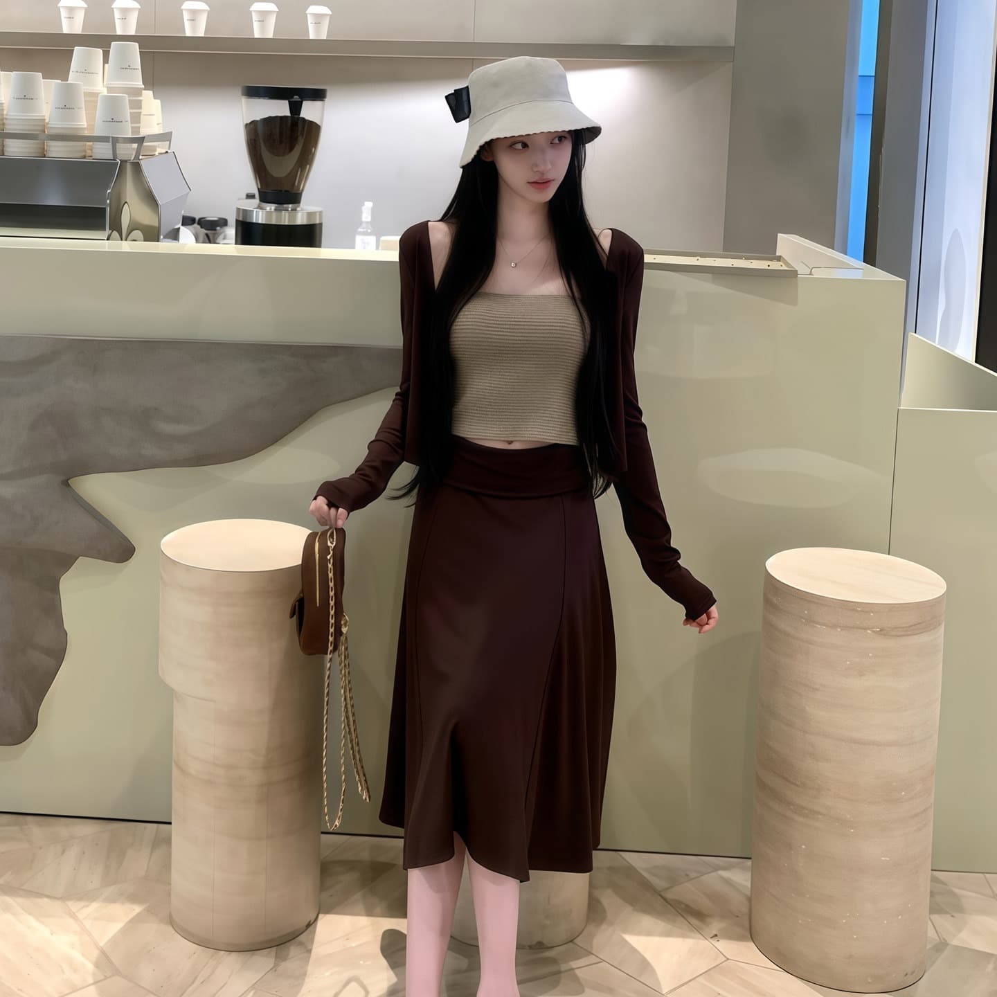 프랑스식 빛 요리 한 바람 긴팔 오픈 가디건 스택 착용 튜브탑 조끼 여성 가을 하이웨이스트 슬림해 보이는 반신 스커트 우아함 3종 세트 이미지 6