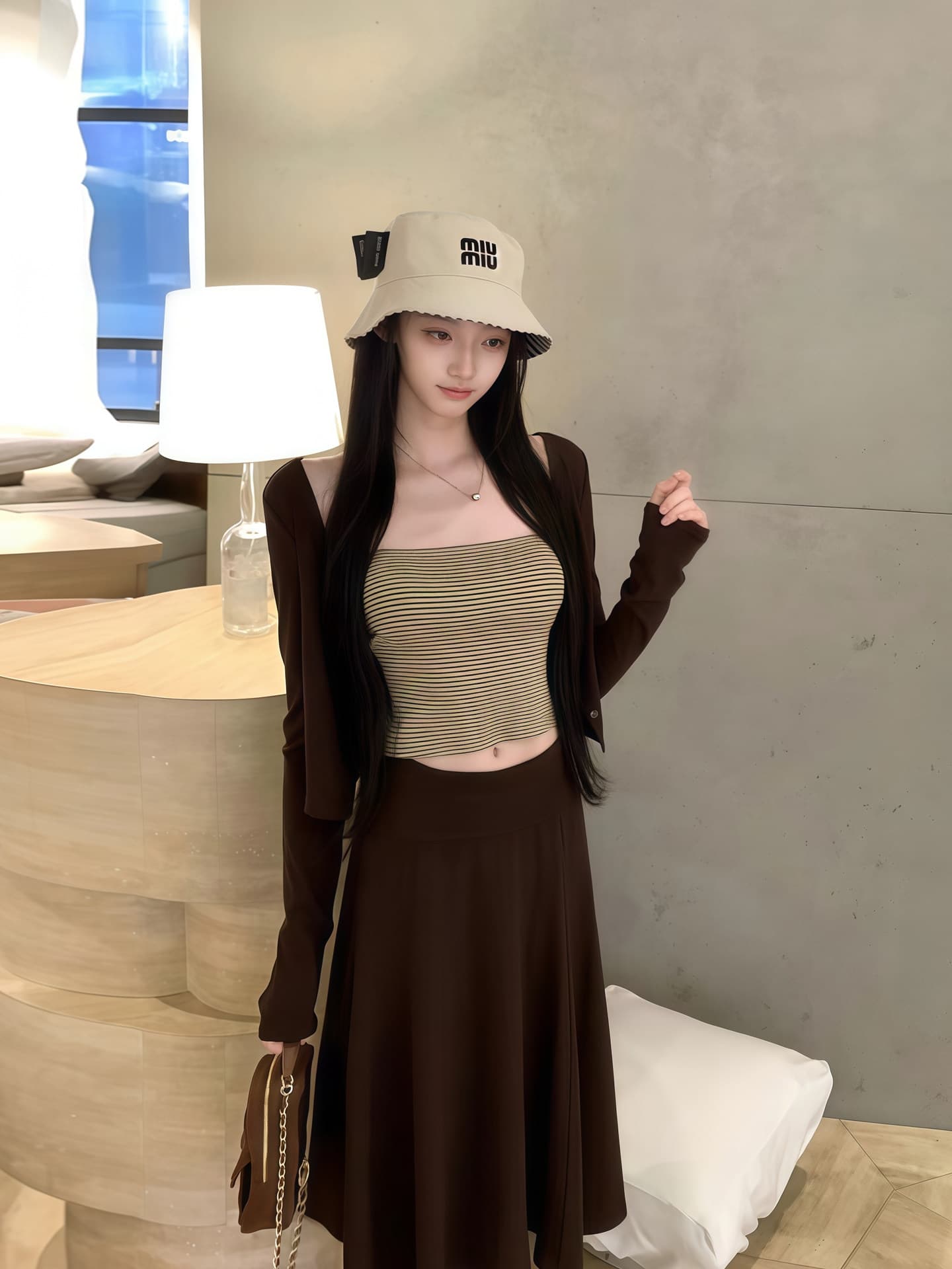 프랑스식 빛 요리 한 바람 긴팔 오픈 가디건 스택 착용 튜브탑 조끼 여성 가을 하이웨이스트 슬림해 보이는 반신 스커트 우아함 3종 세트 상세 이미지 1