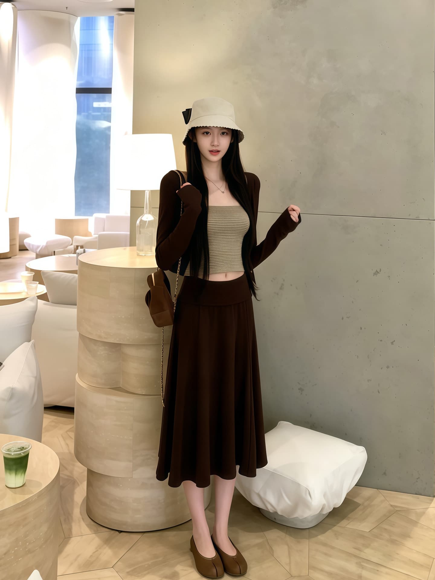 프랑스식 빛 요리 한 바람 긴팔 오픈 가디건 스택 착용 튜브탑 조끼 여성 가을 하이웨이스트 슬림해 보이는 반신 스커트 우아함 3종 세트 상세 이미지 6