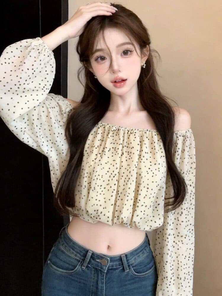 핫걸 튀김 거리 보트넥 오프숄더 슬림해 보이는 도트 무늬 시폰 셔츠 여성 가을 새로운 섹시함 이슬 뼈의 벌룬 소매 맨위 이미지 4