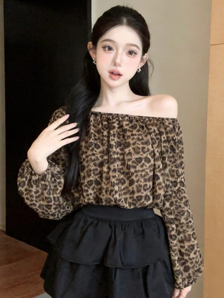 핫걸 튀김 거리 보트넥 오프숄더 슬림해 보이는 도트 무늬 시폰 셔츠 여성 가을 새로운 섹시함 이슬 뼈의 벌룬 소매 맨위 이미지 3