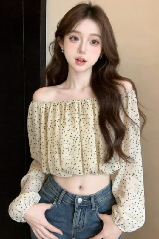 핫걸 튀김 거리 보트넥 오프숄더 슬림해 보이는 도트 무늬 시폰 셔츠 여성 가을 새로운 섹시함 이슬 뼈의 벌룬 소매 맨위 이미지 6