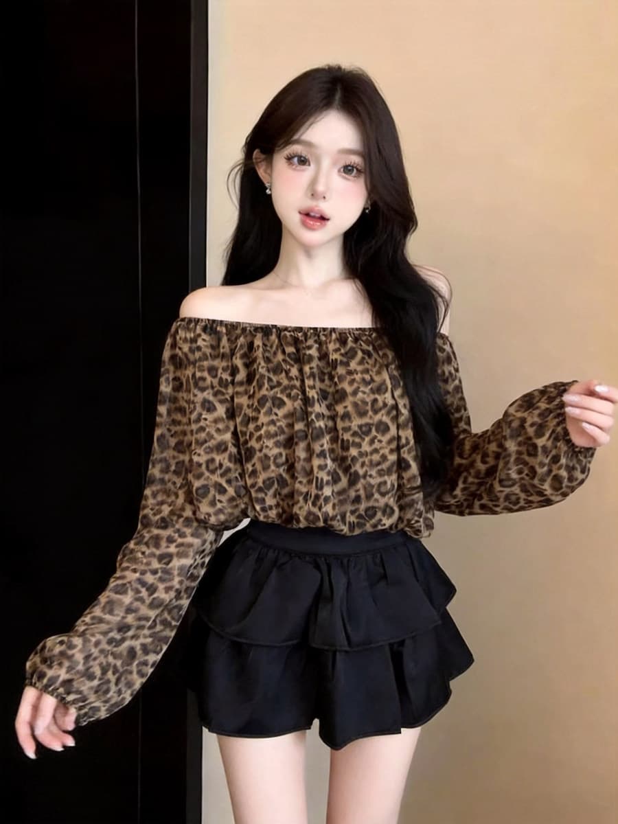 핫걸 튀김 거리 보트넥 오프숄더 슬림해 보이는 도트 무늬 시폰 셔츠 여성 가을 새로운 섹시함 이슬 뼈의 벌룬 소매 맨위 상세 이미지 3