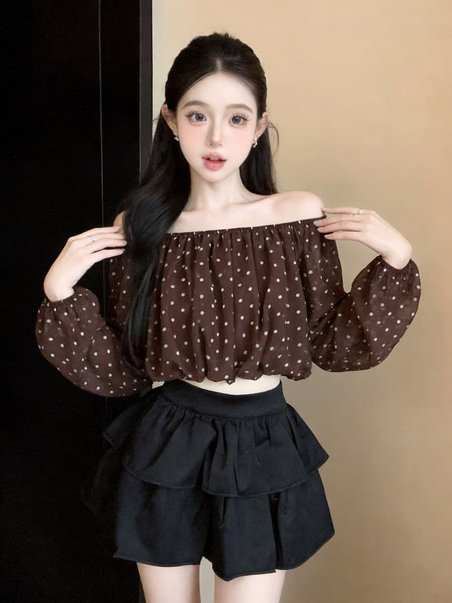 핫걸 튀김 거리 보트넥 오프숄더 슬림해 보이는 도트 무늬 시폰 셔츠 여성 가을 새로운 섹시함 이슬 뼈의 벌룬 소매 맨위 상세 이미지 4