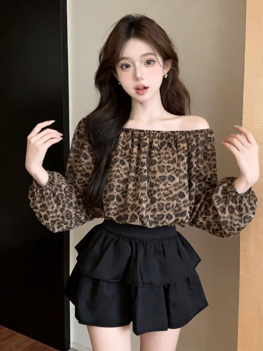 핫걸 튀김 거리 보트넥 오프숄더 슬림해 보이는 도트 무늬 시폰 셔츠 여성 가을 새로운 섹시함 이슬 뼈의 벌룬 소매 맨위 상세 이미지 12