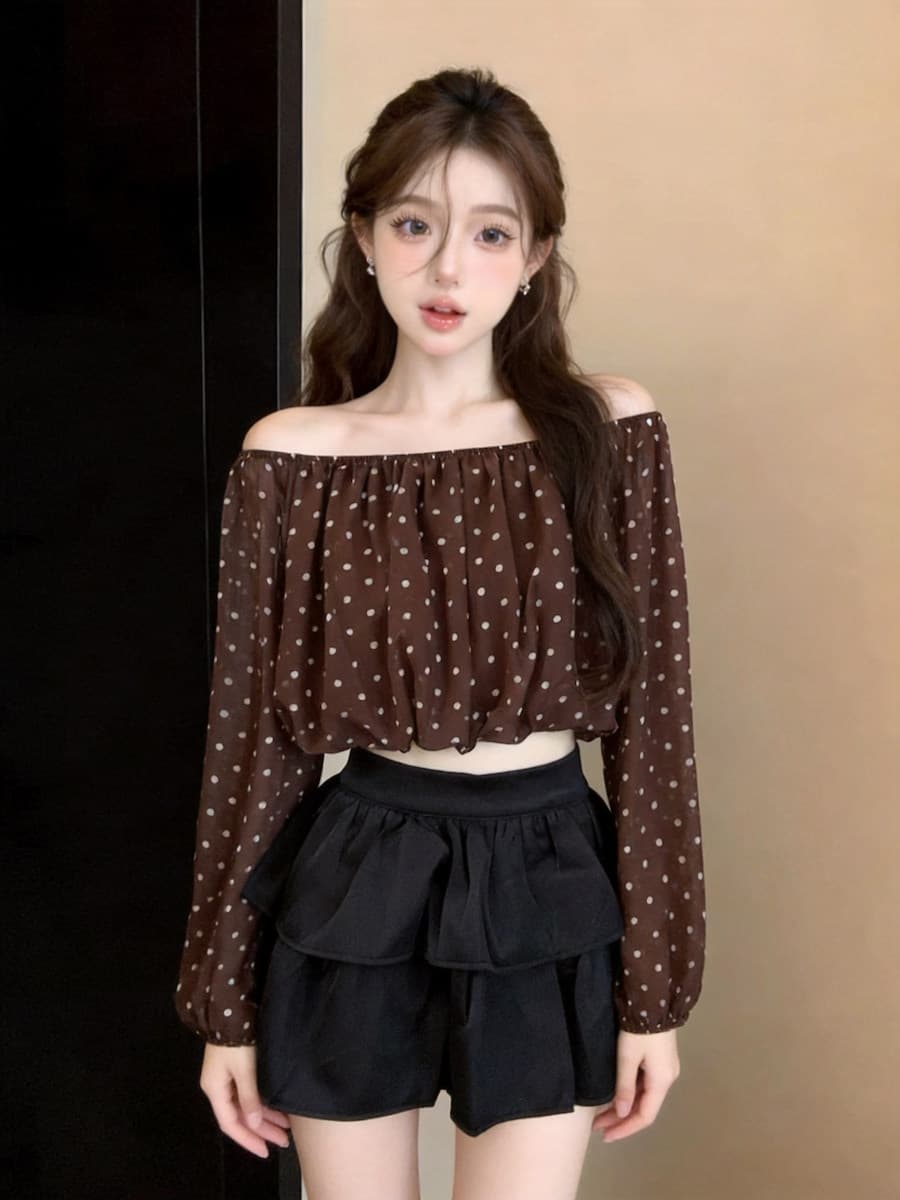 핫걸 튀김 거리 보트넥 오프숄더 슬림해 보이는 도트 무늬 시폰 셔츠 여성 가을 새로운 섹시함 이슬 뼈의 벌룬 소매 맨위 상세 이미지 13